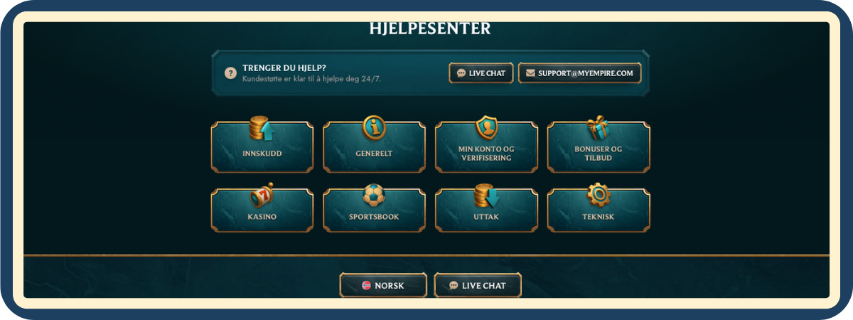 Kundesupport hos My Empire Casino – en informativ, nøytral og ansvarlig gjennomgang av tilgjengelige supportkanaler, responstid og kvalitet, med fokus på å hjelpe spillere med å få trygg og effektiv hjelp når de trenger det.