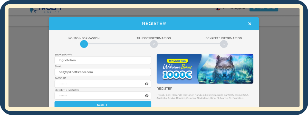 Registreringsprosessen hos Wolfy Casino vist i tre enkle steg