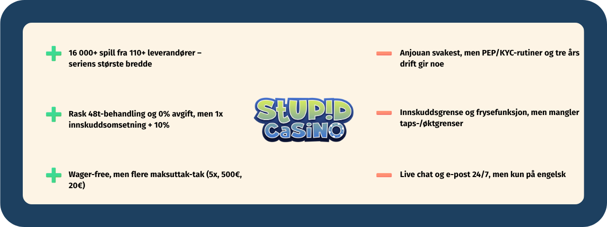 Konklusjon og totalvurdering av Stupid Casino - fordeler og ulemper oppsummert