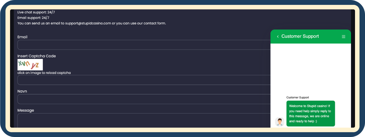 Skjermbilde av kundeservice-chatten hos Stupid Casino - live chat testet av Spillnettsteder