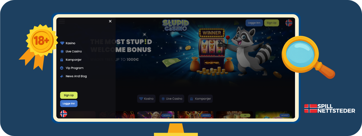 Skjermbilde av lobbyen hos Stupid Casino - spillutvalg og design testet av Spillnettsteder