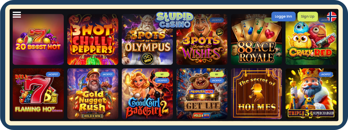 Skjermbilde av spilleautomatene hos Stupid Casino - slots fra ulike leverandører testet av Spillnettsteder