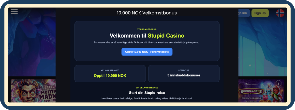 Skjermbilde av velkomstbonusen hos Stupid Casino - opptil 10 000 kr testet av Spillnettsteder