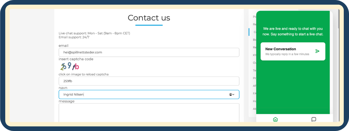 Kontakt kundeservice hos Wolfy Casino via chat eller e-post