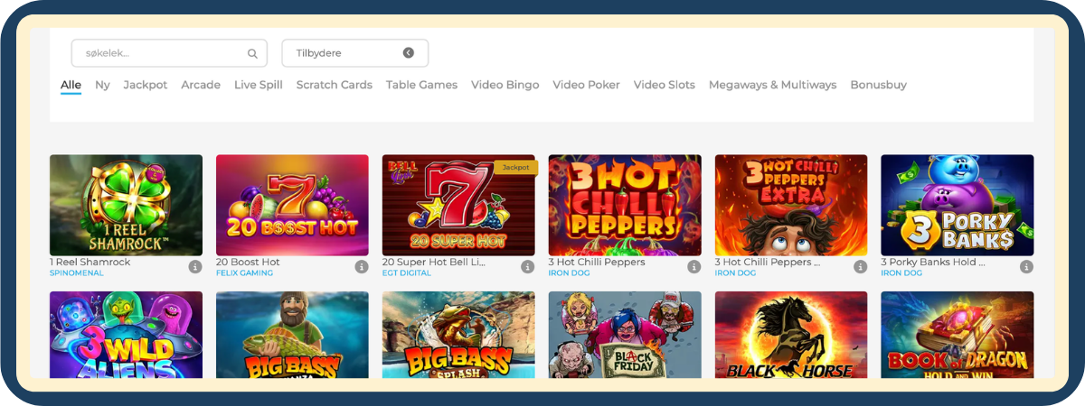 Spilleautomater hos Wolfy Casino med varierte spilltitler og fargerike hjul
