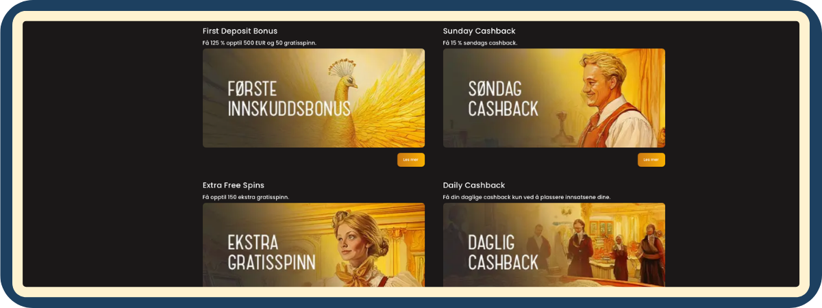 Skjermbilde av bonussiden hos Art Casino - velkomstbonus, gratisspinn og kampanjer