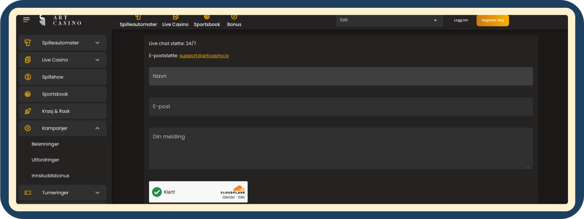 Skjermbilde av kundeservice-chatten hos Art Casino - 24/7 live chat testet av Spillnettsteder