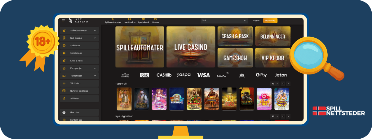 Skjermbilde av lobbyen hos Art Casino - mørkt design med gylne aksenter og spillkategorier i sidemenyen