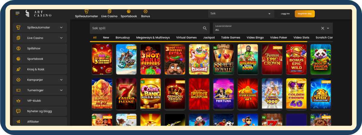 Skjermbilde av spillutvalget hos Art Casino - slots og live casino fra leverandører som Pragmatic Play, NetEnt og Nolimit City