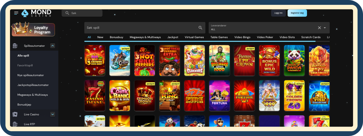 Spillobby hos Mond Casino med spilleautomater sortert i kategorier som Jackpot og Megaways