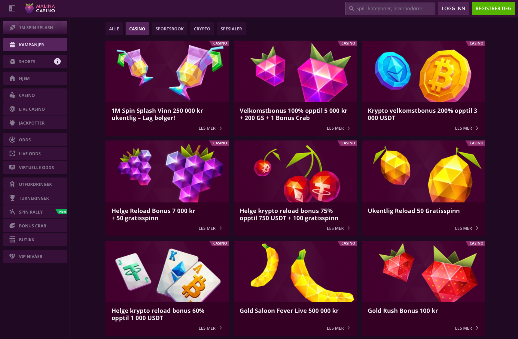 Andra kampanjer hos Malina Casino, inklusive veckovisa reloadbonusar, kryptobonusar och free spins på utvalda spel.