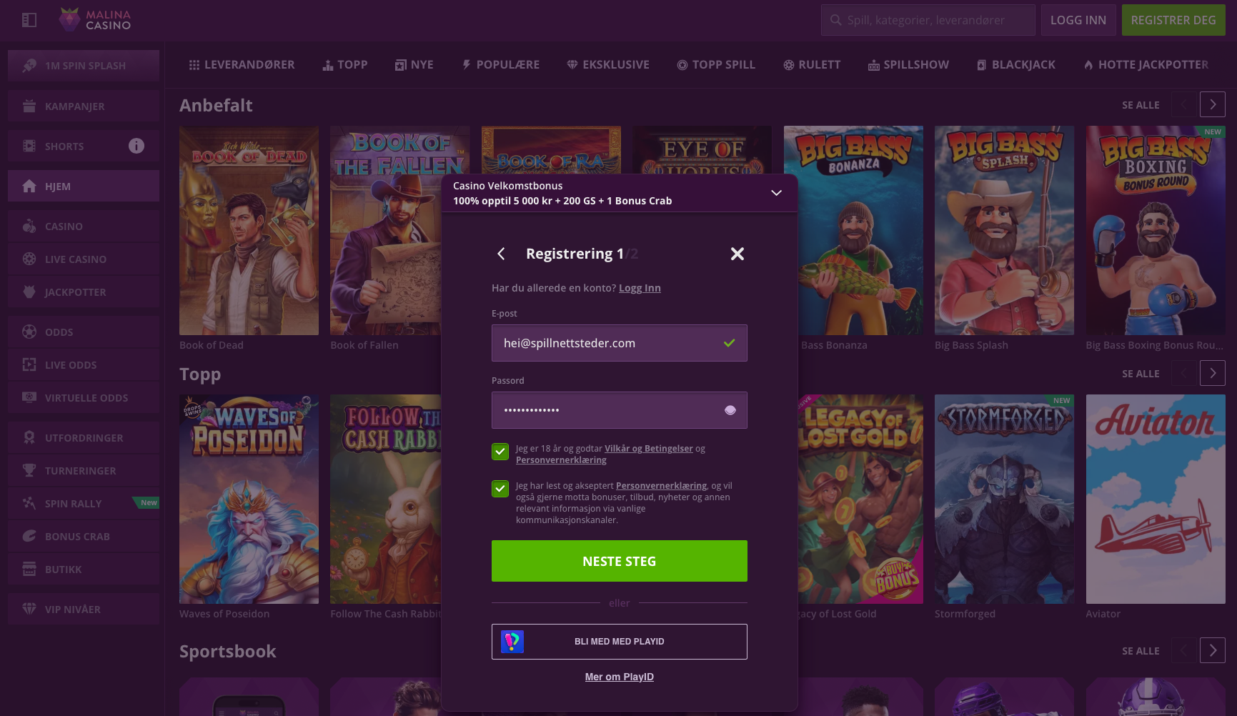 Trinn 3 i registreringsprosessen hos Malina Casino – fyll inn e-postadresse og passord, godta vilkårene og fortsett registreringen.