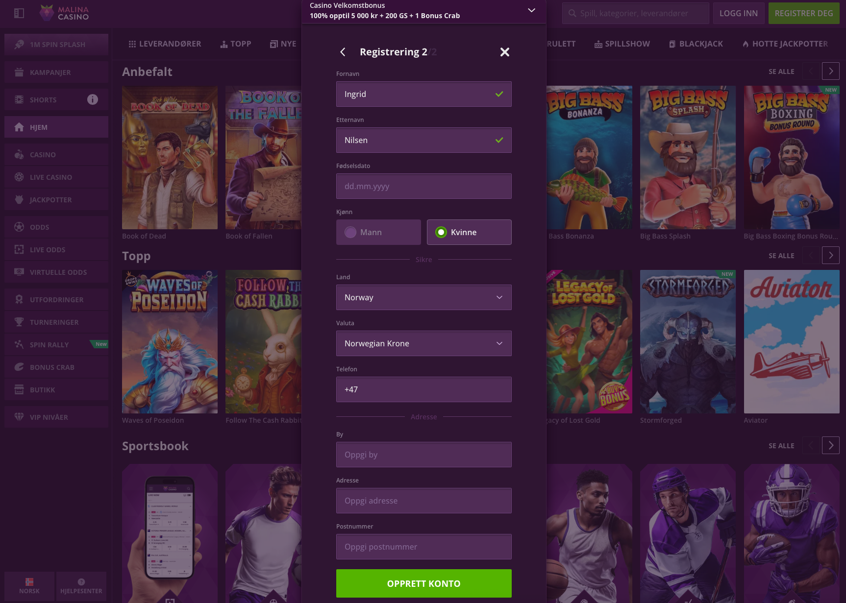 Trinn 4 i registreringsprosessen hos Malina Casino – fyll inn personopplysninger som navn, fødselsdato, adresse og telefonnummer for å opprette konto.
