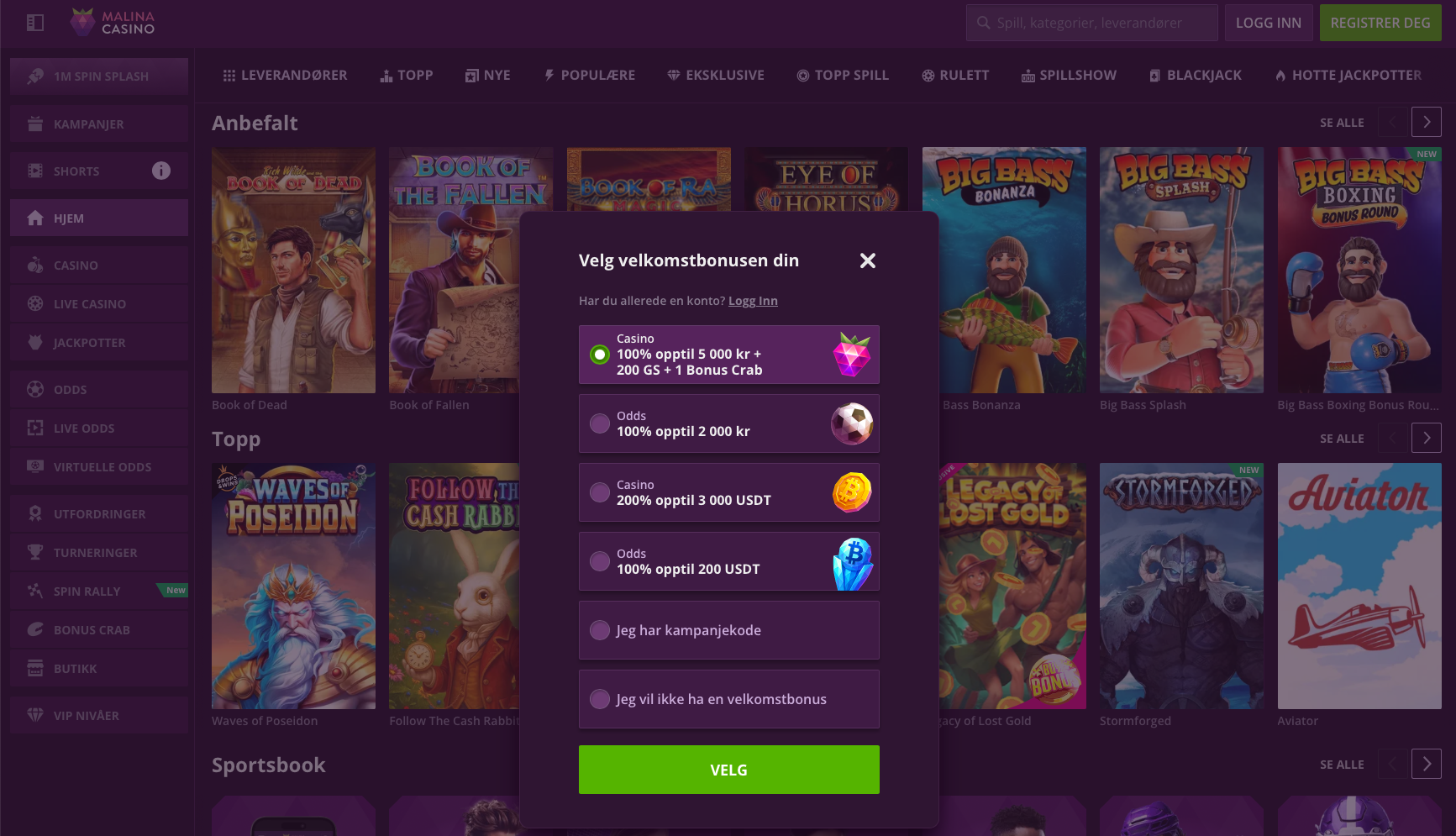 Trinn 2 i registreringsprosessen hos Malina Casino – velg hvilken velkomstbonus du ønsker, for eksempel 100 % opptil 5 000 kr og 200 gratisspinn.