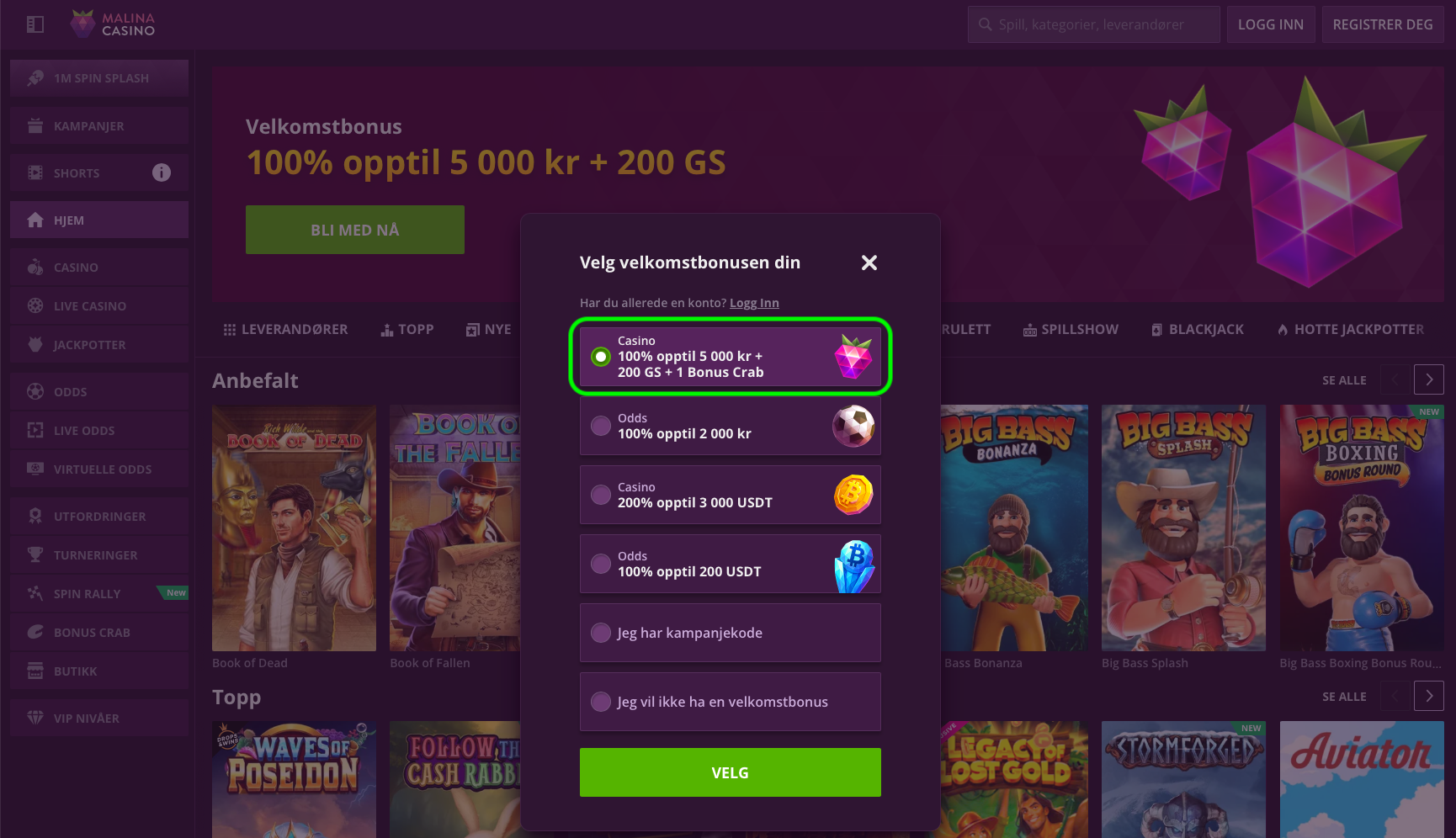 Velkomstbonus: 100 % opptil 5 000 kr + 200 gratisspinn + 1 Bonus Crab