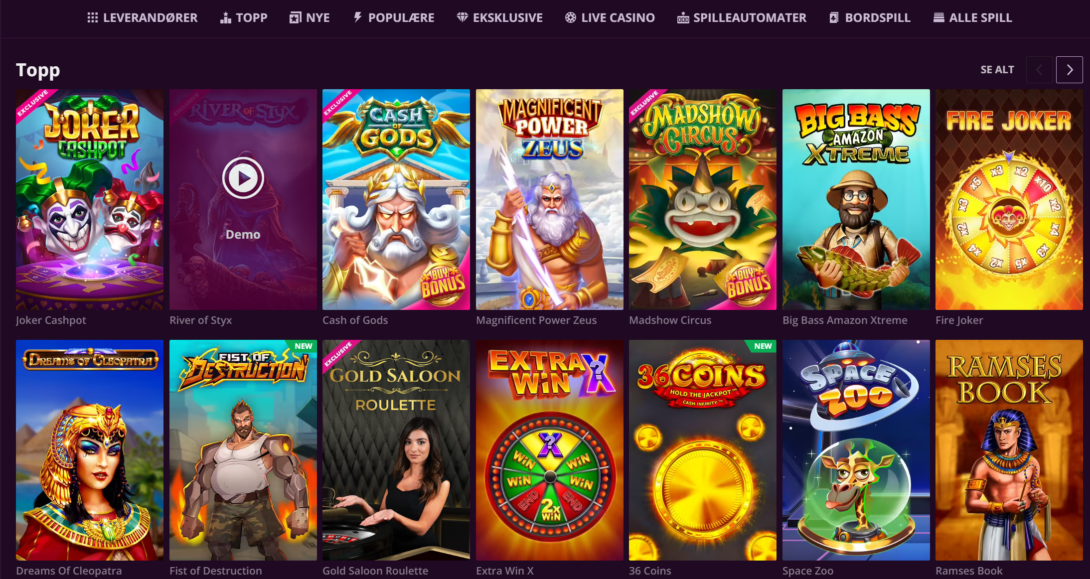 Topp spill hos Malina Casino – Joker Cashpot, River of Styx, Cash of Gods, Magnificent Power Zeus, Madshow Circus, Big Bass Amazon Xtreme, Fire Joker, Dreams of Cleopatra, Fist of Destruction, Gold Saloon Roulette, Extra Win X, 36 Coins, Space Zoo og Ramses Book.