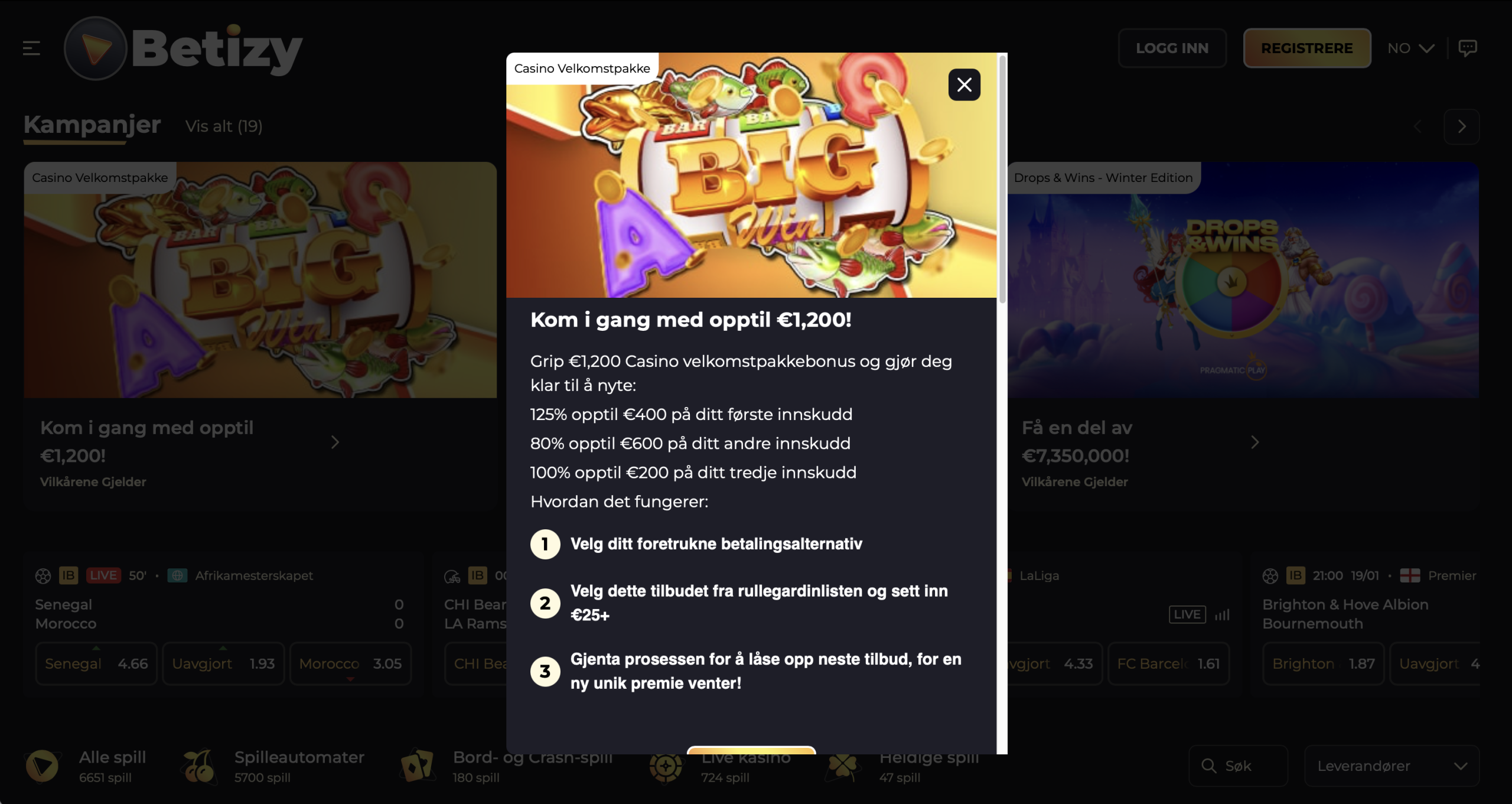 Velkomstpakken hos Betizy Casino med 305 % bonus opptil €1 200 – presentert på en tydelig, transparent og ansvarlig måte for å hjelpe spillere med å ta informerte og trygge valg.