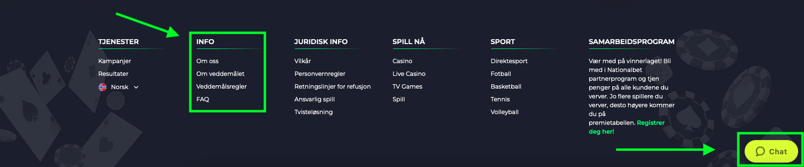 Kundeservice hos Nationalbet Casino er tilgjengelig via live chat og e-post nederst på nettsiden