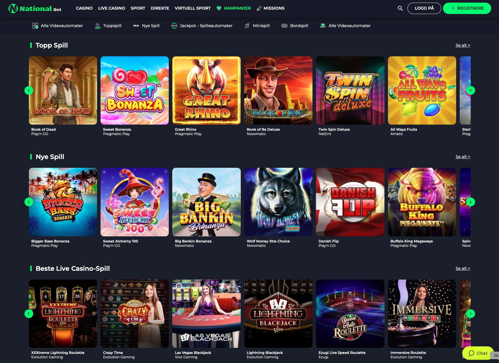 Forsiden til Nationalbet Casino med kampanjer, spillkategorier og brukervennlig meny