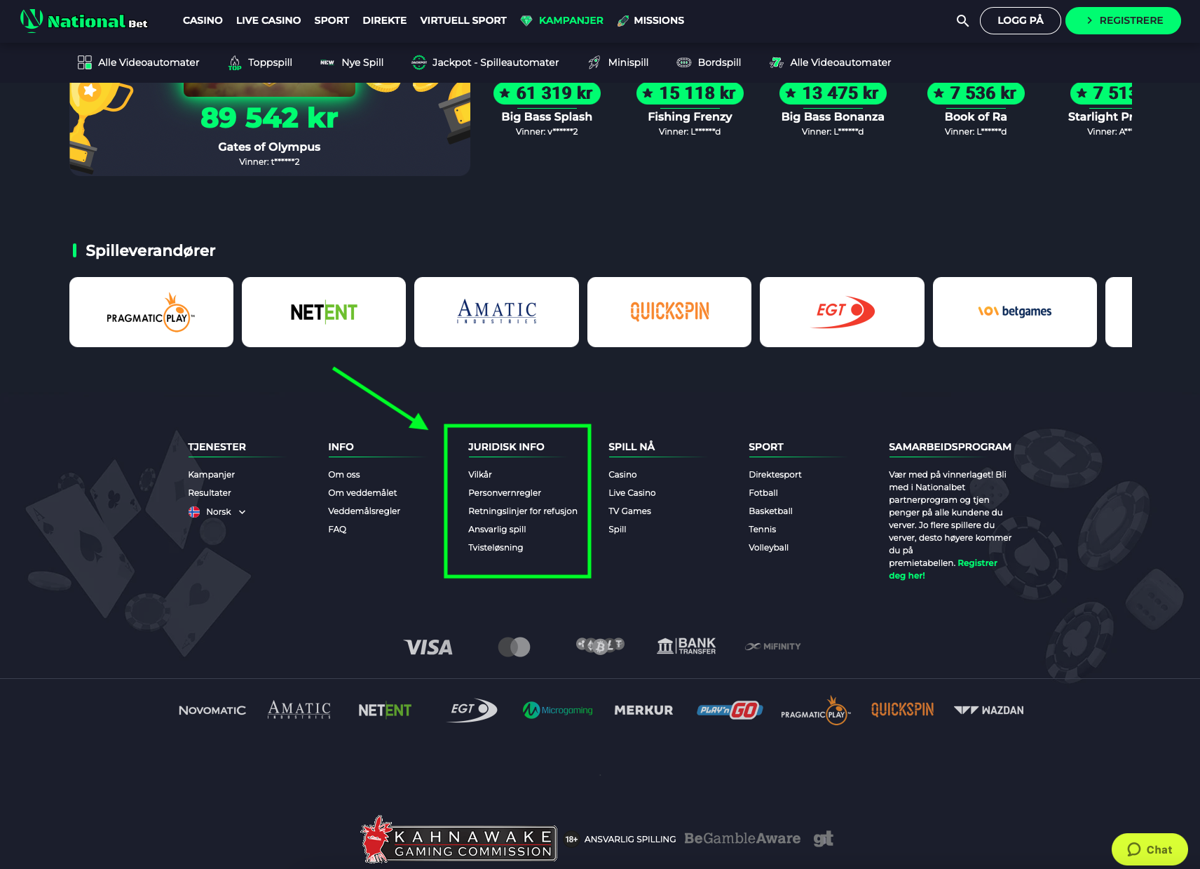 Informasjon om ansvarlig spill og brukervilkår nederst på siden hos Nationalbet Casino