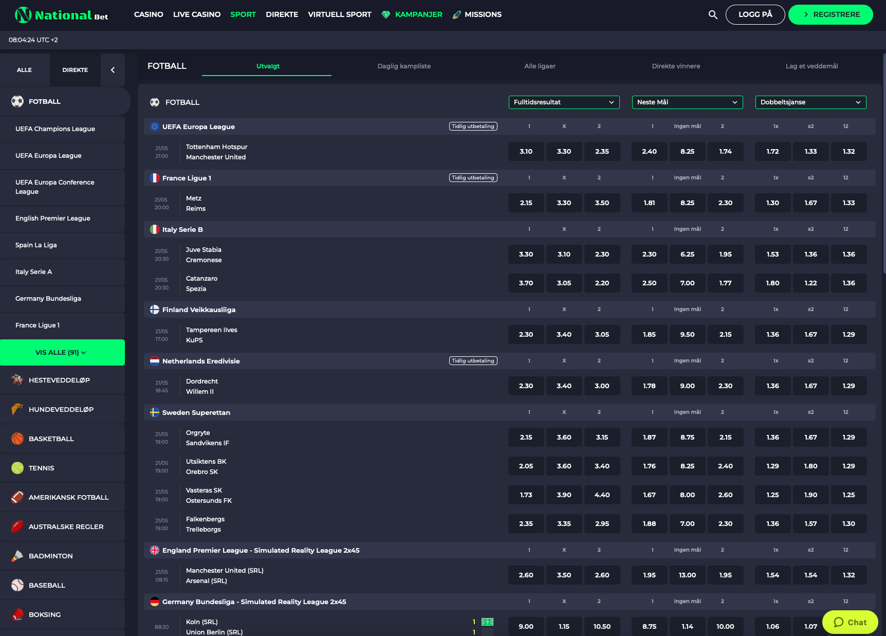 Sportsseksjon hos Nationalbet Casino med odds på fotball, tennis, e-sport og mer