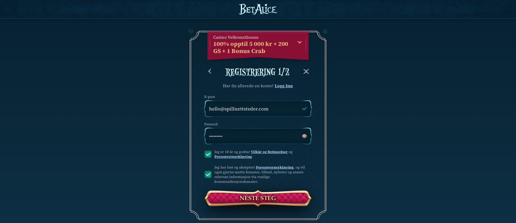 Steg 3 i registreringen hos BetAlice Casino der spilleren fyller inn e-postadresse, lager et passord og godtar vilkår og personvernerklæring for å gå videre.