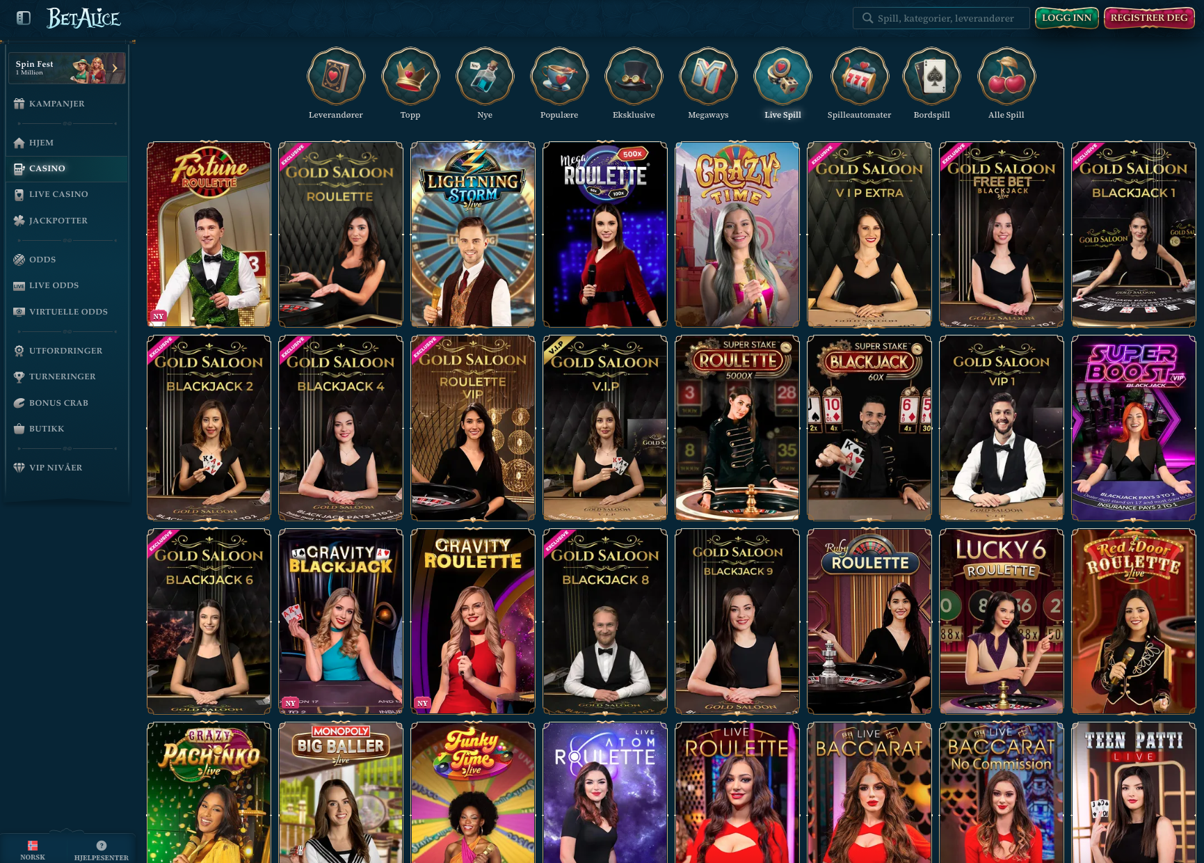 Live casino hos BetAlice Casino med ekte dealere i spill som blackjack, roulette og baccarat, levert av Evolution og Ezugi med HD-stream og profesjonell studiokvalitet.