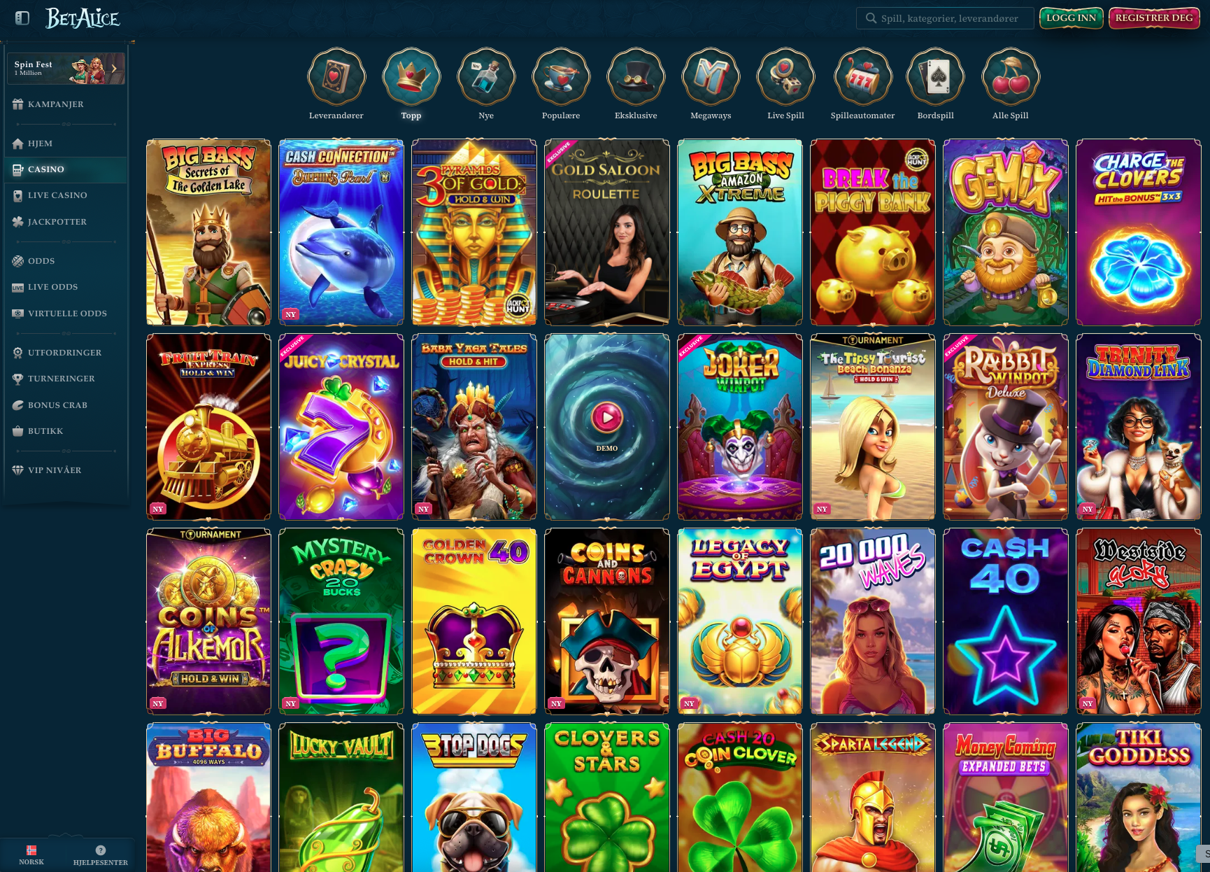 Spilleautomat-seksjonen hos BetAlice Casino med et bredt utvalg slots fra populære leverandører som Hacksaw Gaming, Nolimit City, Play’n GO og Relax Gaming – med temaer fra eventyr til klassikere.