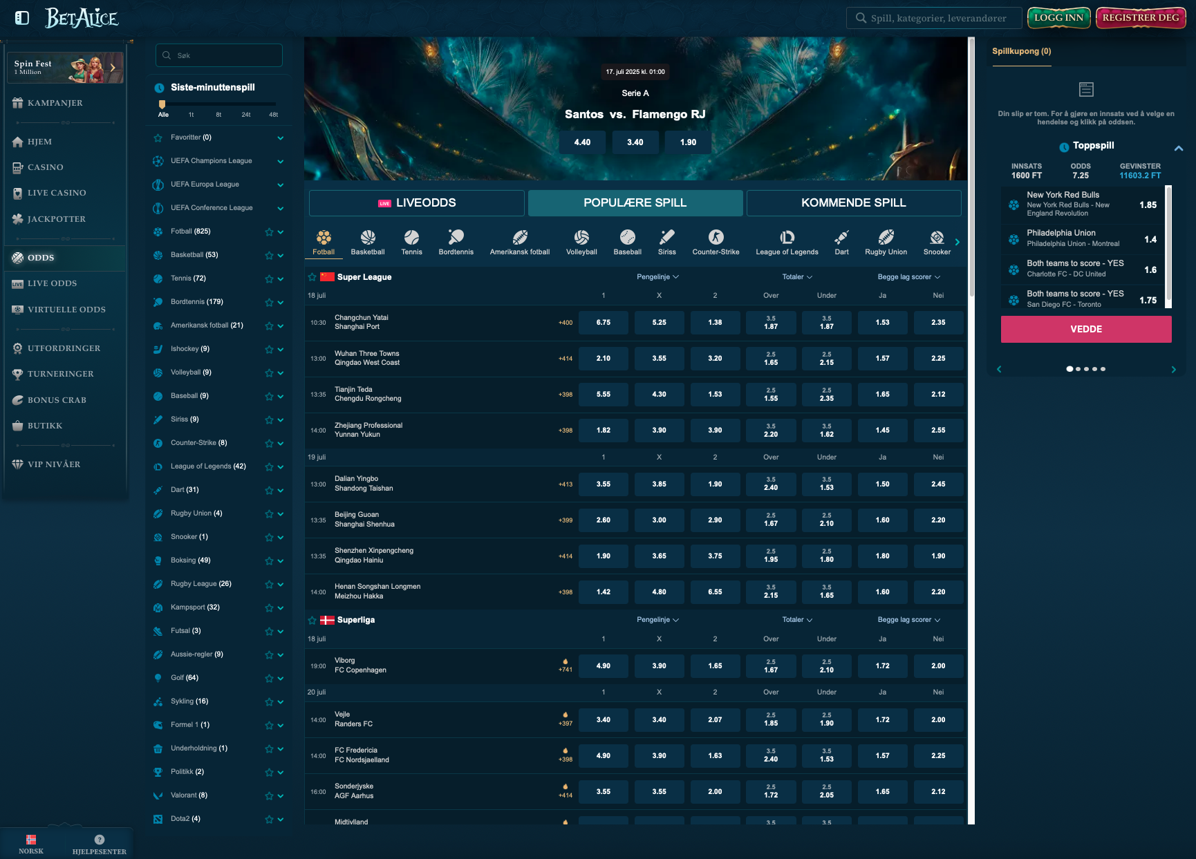 Sportsbook hos BetAlice Casino med odds på fotball, tennis, basketball, e-sport og mer – med både pre-match og liveodds tilgjengelig for norske spillere.