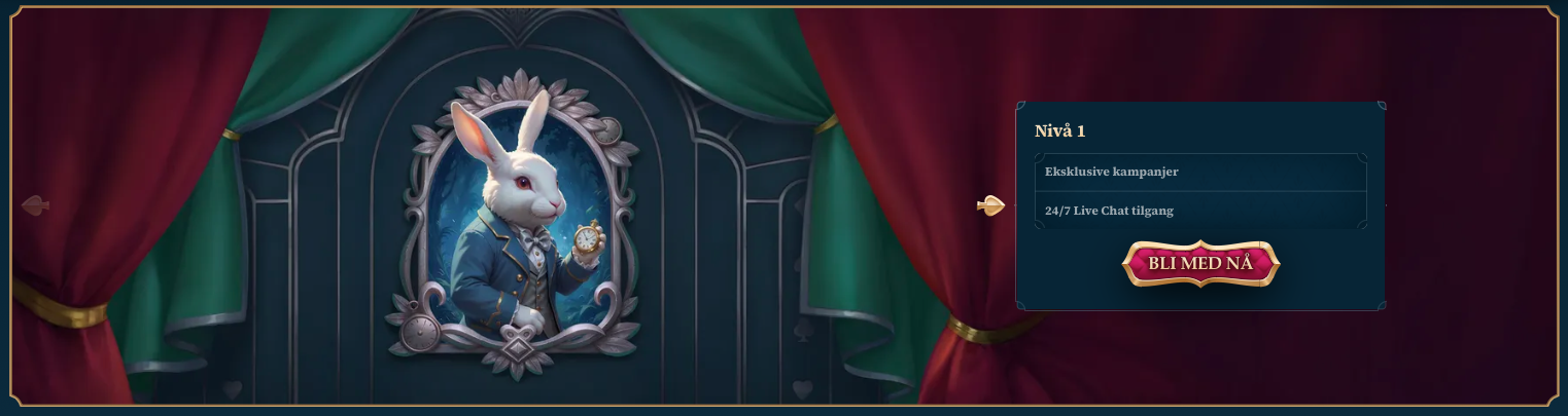 VIP-program nivå 1 hos BetAlice Casino – illustrasjon av en hvit kanin i dress som symboliserer eksklusive kampanjer og tilgang til døgnåpen live chat.