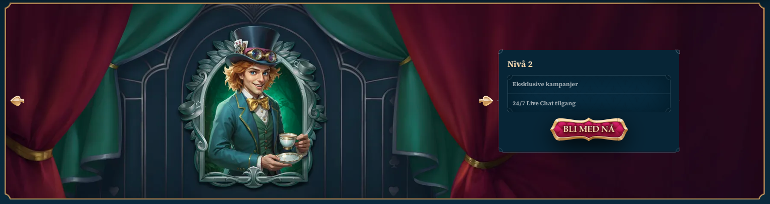 VIP-program nivå 2 hos BetAlice Casino – illustrasjon av en mann med flosshatt og tekopp som representerer eksklusive kampanjer og 24/7 live chat-støtte.