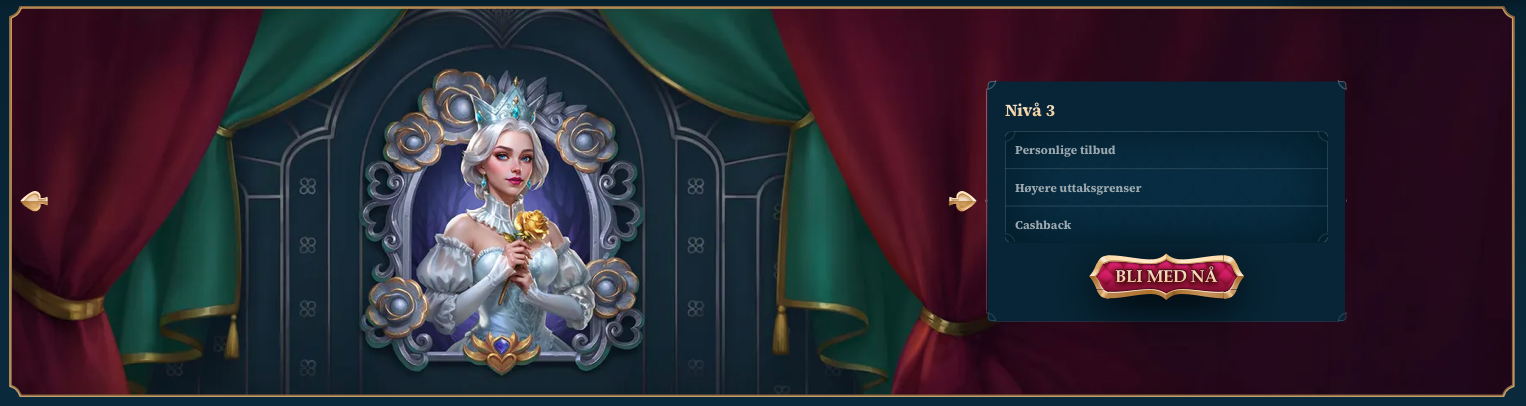 VIP-program nivå 3 hos BetAlice Casino – elegant kvinne med krone og gullrose, symboliserer personlige tilbud, høyere uttaksgrenser og cashback-fordeler.
