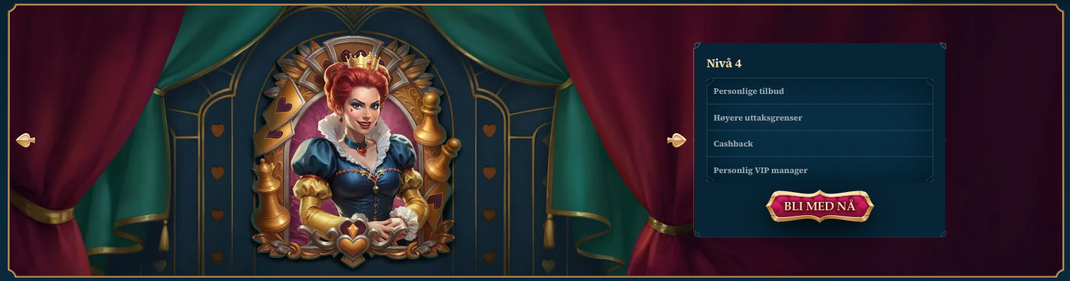 VIP-program nivå 4 hos BetAlice Casino – dronninglignende figur i kongekappe og krone, representerer personlige tilbud, høyere uttaksgrenser, cashback og egen VIP-manager.