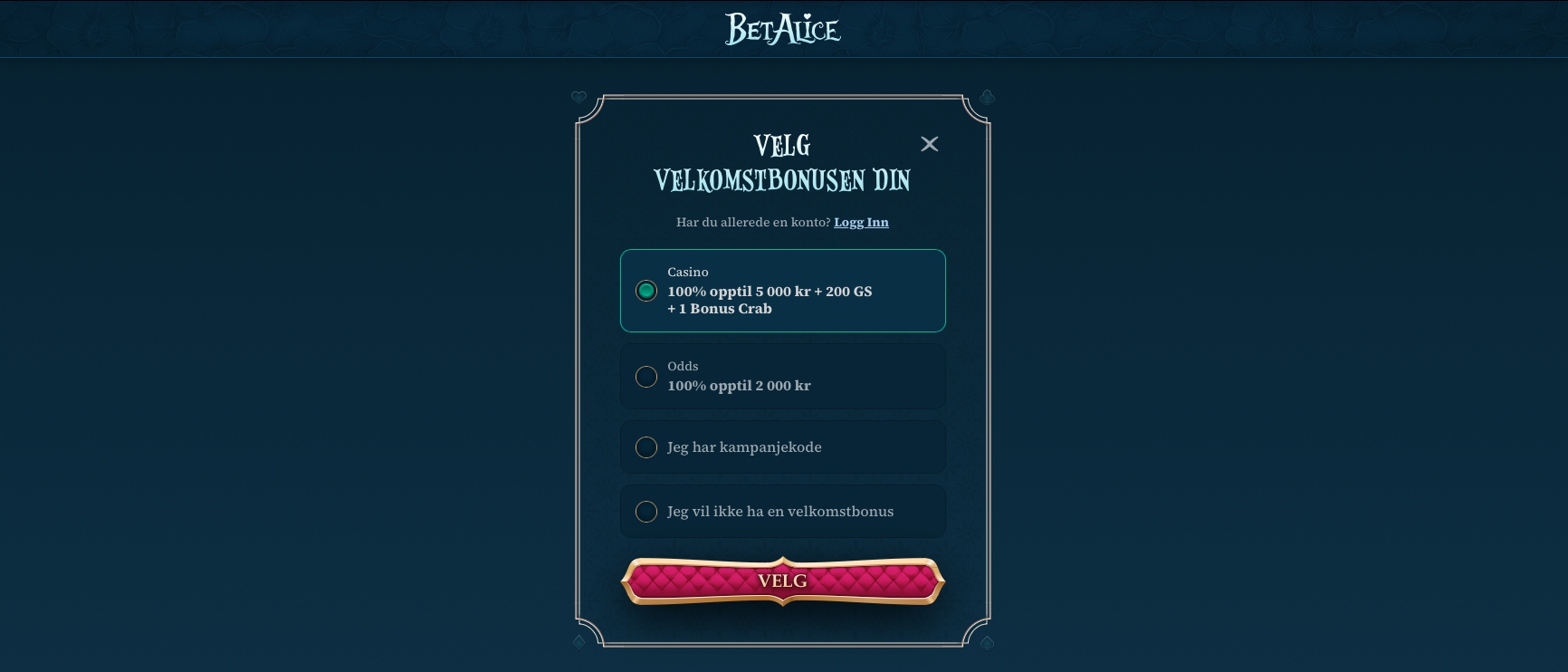 Steg 2 i registreringen hos BetAlice Casino der spilleren velger velkomstbonus – casinobonus opptil 5000 kr med 200 gratisspinn og 1 Bonus Crab, oddsbonus eller ingen bonus.