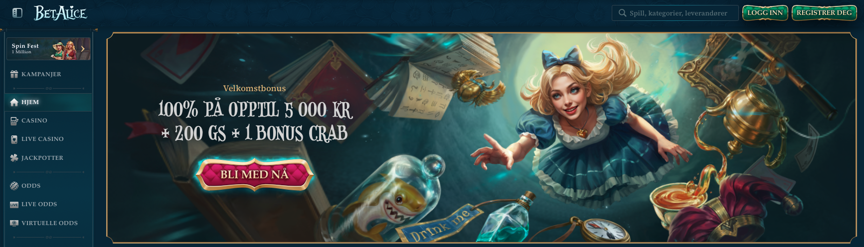 Velkomstbonus hos BetAlice Casino med 100 % opptil 5000 kr, 200 gratisspinn og 1 Bonus Crab – fremhevet på startsiden med Alice i eventyrland-tema.