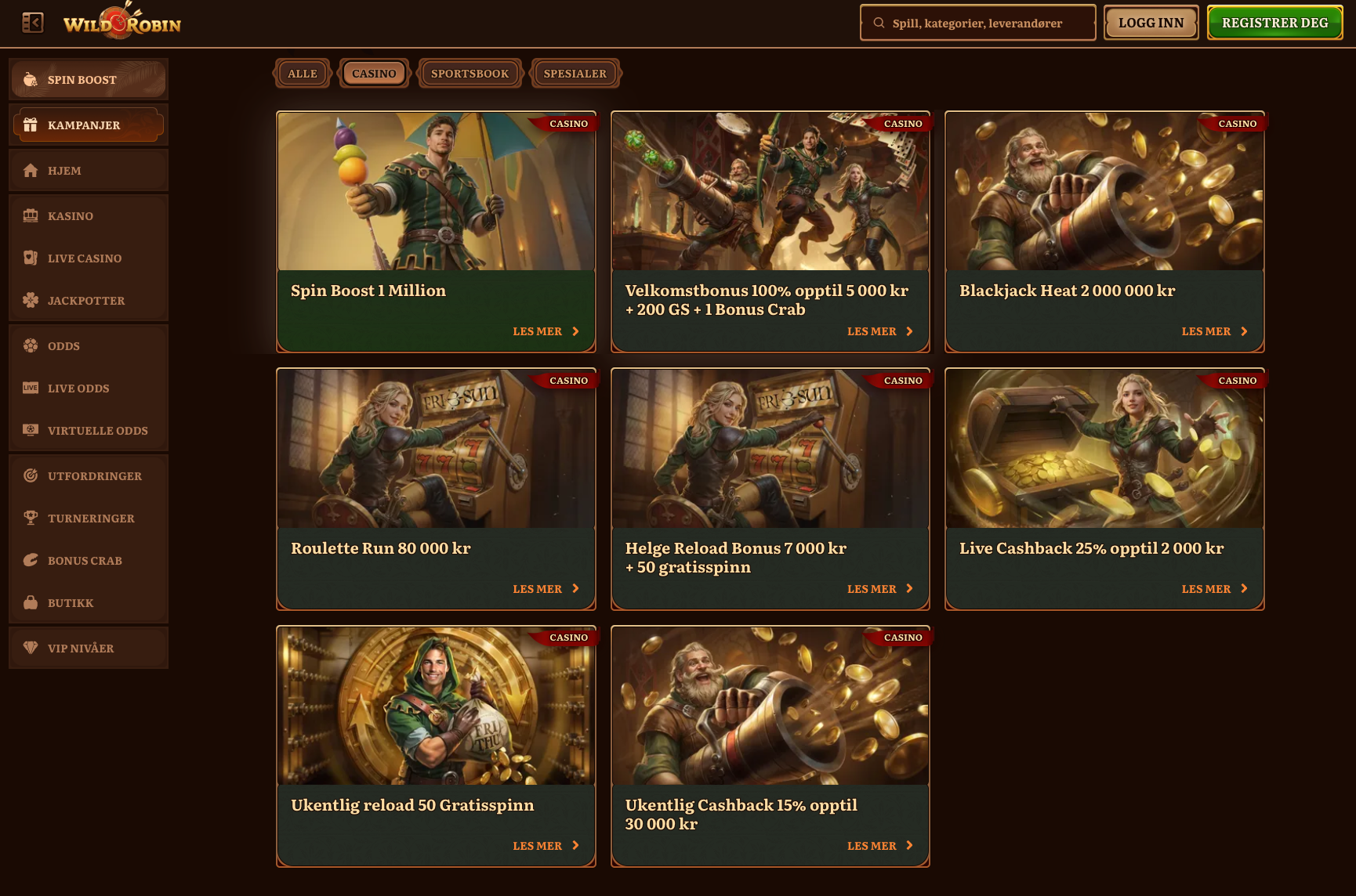 Kampanjesiden hos Wild Robin Casino med aktive tilbud som reload-bonuser, cashback, gratisspinn og eksklusive turneringer for lojale spillere.