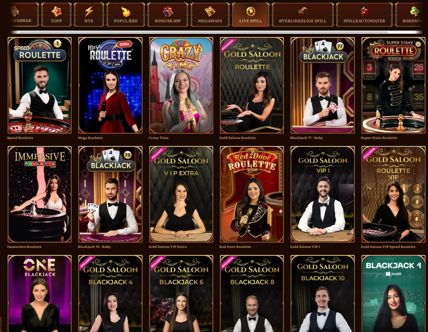 Live casino hos Wild Robin Casino med direktesendte bordspill som blackjack, roulette og baccarat, bemannet av profesjonelle dealere i HD-stream.