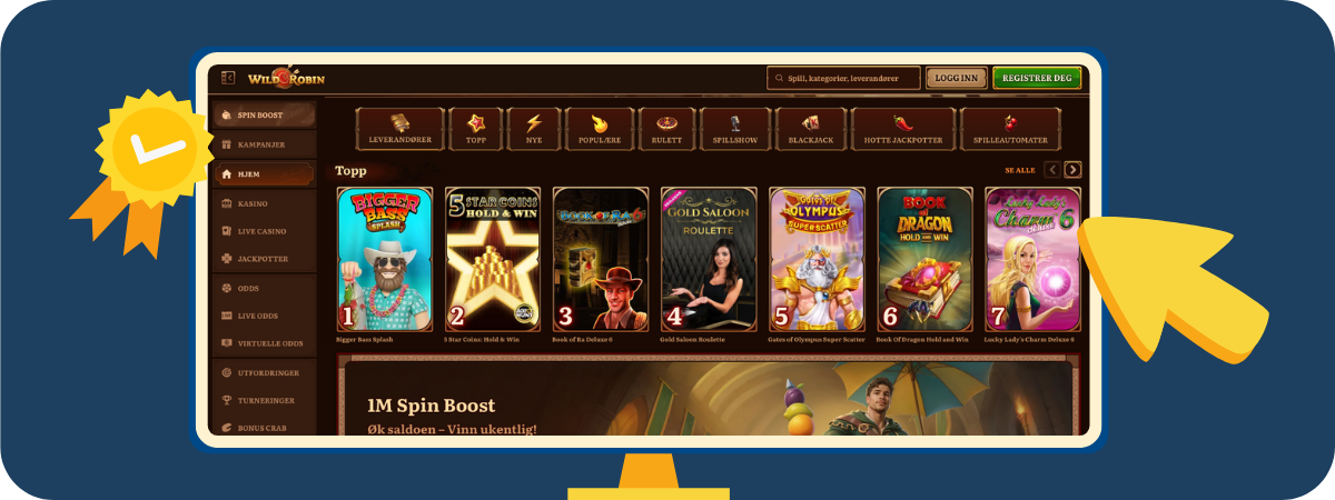 Wild Robin Casino vist på en dataskjerm med oversiktlig layout, fargerike spilleautomater og tydelig meny for bonuser, innskudd og kundestøtte.