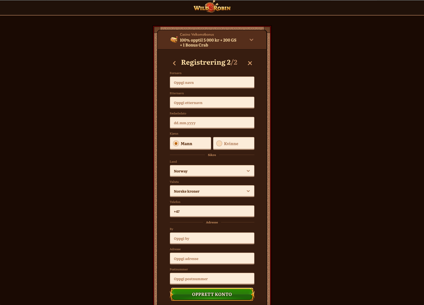 Andre steg i registreringen hos Wild Robin Casino med skjema for navn, fødselsdato, kjønn, land, valuta, telefonnummer og adresse før kontoopprettelse.
