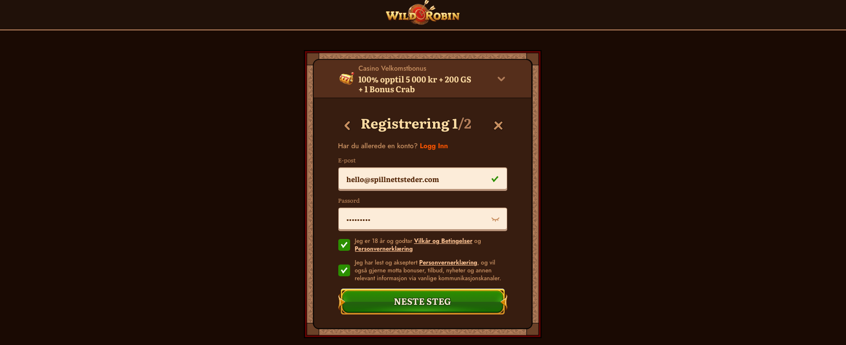 Første steg i registreringsprosessen hos Wild Robin Casino med e-post og passordfelt, samt avkrysningsbokser for vilkår og personvern før aktivering av velkomstbonus.