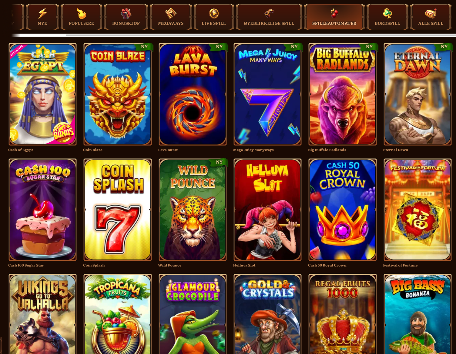 Spilleautomater hos Wild Robin Casino med populære titler som Book of Dead, Gates of Olympus og Big Bass Bonanza, sortert etter kategori og leverandør.
