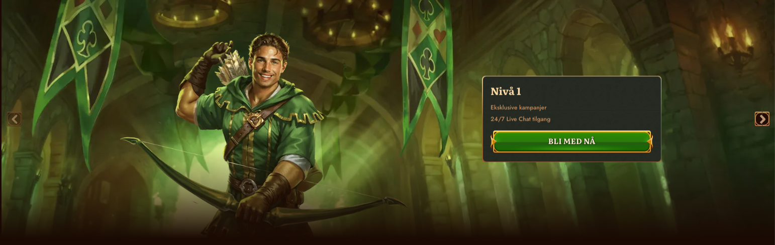 Nivå 1 i VIP-programmet hos Wild Robin Casino med tilgang til eksklusive kampanjer og døgnåpen live chat, presentert av en karakter inspirert av Robin.