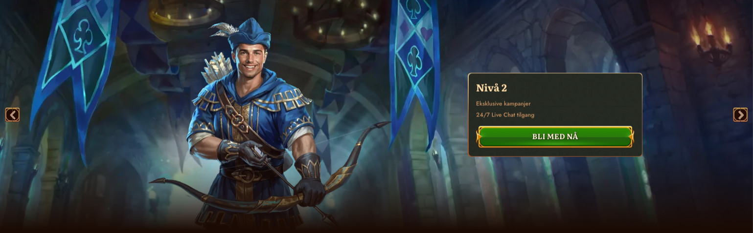 Nivå 2 i VIP-programmet hos Wild Robin Casino med fortsatt tilgang til eksklusive kampanjer og døgnåpen live chat, illustrert av en blåkledd bueskytter i middelalderstil.