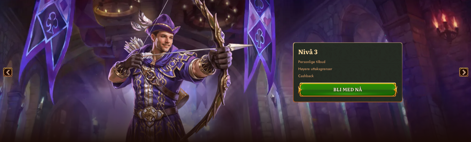 Nivå 3 i VIP-programmet hos Wild Robin Casino med personlige tilbud, høyere uttaksgrenser og cashback, presentert av en bueskytter i lilla drakt klar til å skyte.
