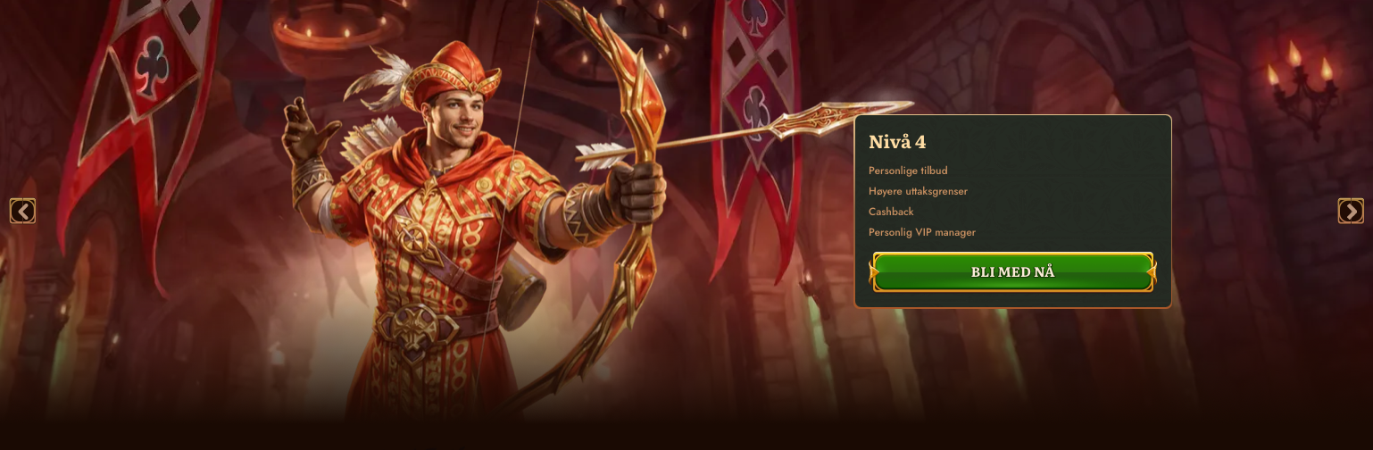 Nivå 4 i VIP-programmet hos Wild Robin Casino med personlige tilbud, høyere uttaksgrenser, cashback og dedikert VIP-manager, vist med en bueskytter i røde klær i slot-inspirert borgmiljø.