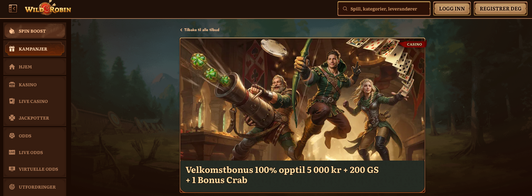 Velkomstbonus hos Wild Robin Casino: 100 % opptil 5000 kr + 200 gratisspinn og 1 Bonus Crab, fremhevet øverst på siden med tydelig kampanjedesign.