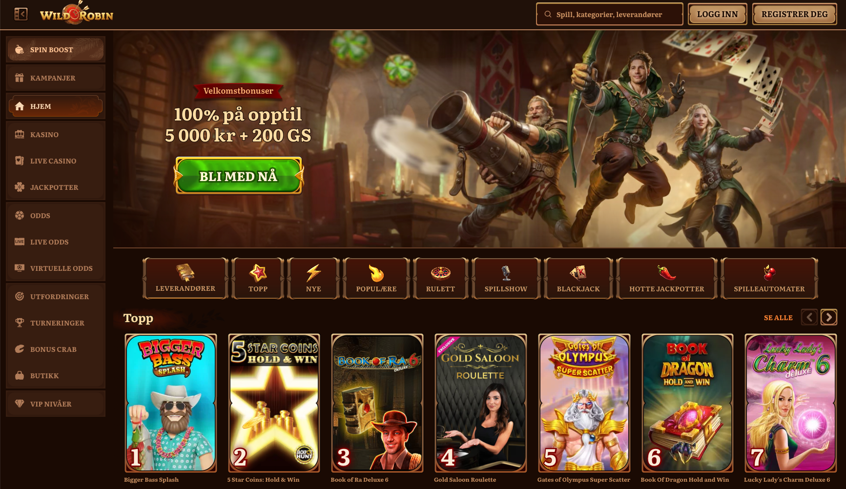 Startsiden hos Wild Robin Casino med moderne design, tydelig velkomstbonus på 100 % opptil 5000 kr + 200 gratisspinn og navigasjonsmeny til spill, kampanjer og betalinger.