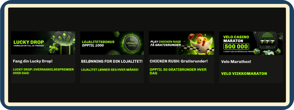 Bonuser og kampanjer hos VeloBet Casino - velkomstbonus, gratisspinn og løpende tilbud