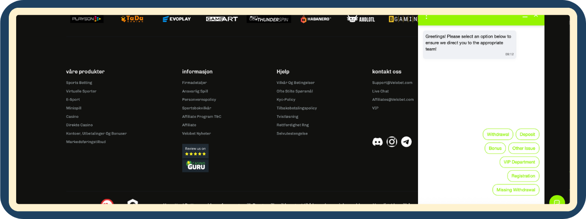 Skjermbilde av kundeservice-chatten hos VeloBet Casino - live chat med engelsk velkomstmelding og valg for uttak, innskudd og bonus