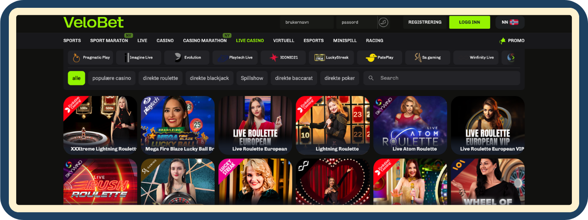 Skjermbilde av live casino hos VeloBet Casino - bordspill med ekte dealere testet av Spillnettsteder